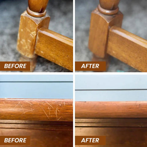 Before and after of wood furniture using Super Easy Wood Repair Kit For Furniture And Floors No Sanding Scratch Remover That Erases Nicks And Dents In Seconds Blends Like New And Looks Pro Grade Finish Two Pack.
