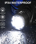 Ultra Bright 8000 Lumens Headlamp With Rechargeable Micro USB, Waterproof LED Work Light showing IPX4 water resistance feature.