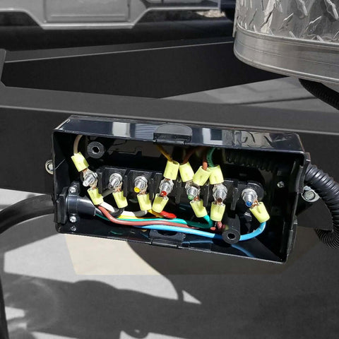 Open view of 7 Way Trailer Junction Box Weatherproof Connector For RV Camper Caravan Boat with exposed terminal studs, wires connected.
