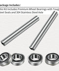 Two Kits Stainless Steel Front Wheel Axle And Bearing Conversion OEM Upgrade For 6 Inch Wheel Sleeves Fits Z Series And RZ Series Lawn Mowers With Beefed Up Rust Resistant Alloy Steel Build, showing stainless steel axles and bearings.