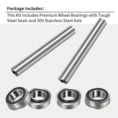 Two Kits Stainless Steel Front Wheel Axle And Bearing Conversion OEM Upgrade For 6 Inch Wheel Sleeves Fits Z Series And RZ Series Lawn Mowers With Beefed Up Rust Resistant Alloy Steel Build, showing stainless steel axles and bearings.