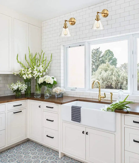 Kitchen with two brass swing arm wall sconces above window. Industrial Brass Swing Arm Wall Sconces Two Pack For Headboard Bedroom.