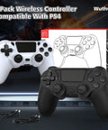 Two Pack Wireless Controllers For PS4 Pro And Slim Black White Color With Dual Vibration 6 Axis Motion in front of box packaging