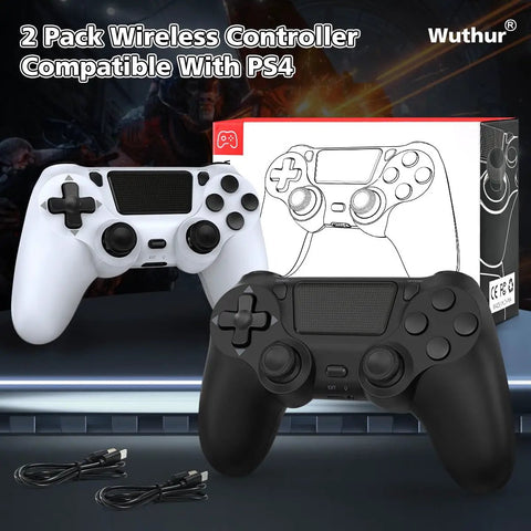 Two Pack Wireless Controllers For PS4 Pro And Slim Black White Color With Dual Vibration 6 Axis Motion in front of box packaging
