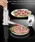Two In One Sausage Stuffer And Meatball Maker Stainless Steel Manual Press with sausages and meatballs displayed on plates.
