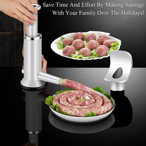 Two In One Sausage Stuffer And Meatball Maker Stainless Steel Manual Press with sausages and meatballs displayed on plates.