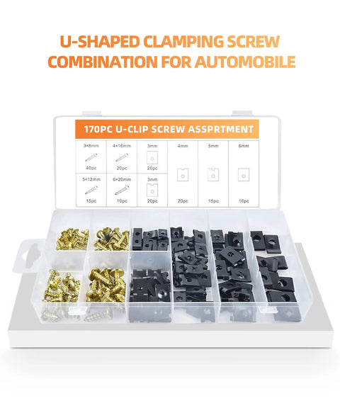 170 Piece U Clip And Screw Kit For Car Interior Fasteners with plastic box showing assorted clips and screws in 3-6mm sizes.