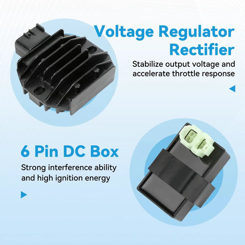 Voltage regulator rectifier and 6 pin DC box from Ignition Coil Switch Starter Solenoid Relay Kit Works With TRX250 FourTrax ATV With Voltage Regulator CDI Box Compatible 1997 Through 2021 Quad 4 Wheeler Parts