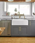 Modern kitchen featuring 5 Pack Solid Brass Cabinet Handles With Brushed Brass Square T Bar Pulls 5 Inch Center Hole For Kitchen Dresser Drawer Cupboard Fingerprint Resistant And Anti Tarnish Finish Heavy Duty 7 Oz Each on grey cabinets.