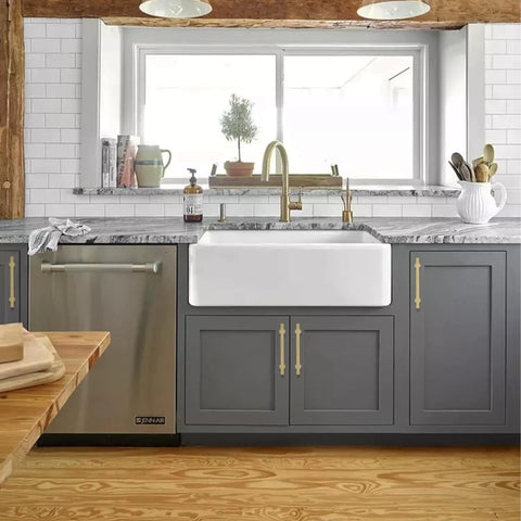 Modern kitchen featuring 5 Pack Solid Brass Cabinet Handles With Brushed Brass Square T Bar Pulls 5 Inch Center Hole For Kitchen Dresser Drawer Cupboard Fingerprint Resistant And Anti Tarnish Finish Heavy Duty 7 Oz Each on grey cabinets.