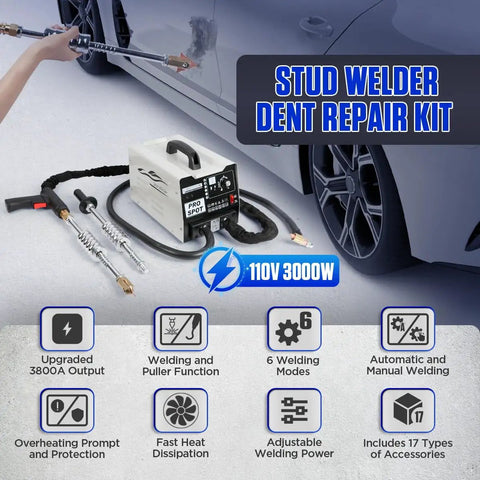 Pro Grade Dent Puller Welder Kit With 3800A Peak Output And 3000W Stud Welder For Auto Body Repair shown with accessories