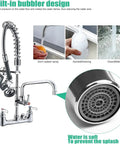 Robust Wall Mount Kitchen Sink Faucet With A Slick Polished Chrome Surface and High Pressure Pre Rinse Sprayer showcasing built-in bubbler design.