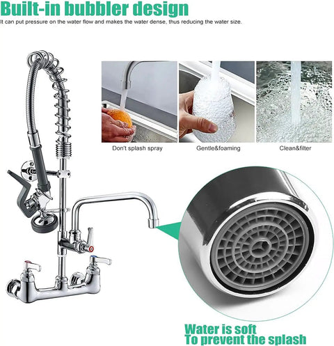 Robust Wall Mount Kitchen Sink Faucet With A Slick Polished Chrome Surface and High Pressure Pre Rinse Sprayer showcasing built-in bubbler design.