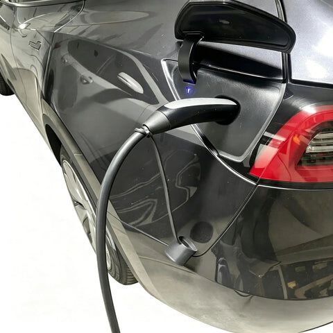 Plugged in charger on Tesla vehicle showing All Season Silicone Cover For Tesla Nacs Ev Charger Port Slick Flexible Seal Easy Pop On Off Design fending off grime.