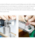 Heavy-Hitter Rotary Tool Workstation in use with Dremel, showcasing solid aluminum base for precise guitar repairs.