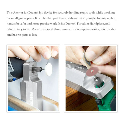 Heavy-Hitter Rotary Tool Workstation in use with Dremel, showcasing solid aluminum base for precise guitar repairs.