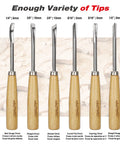 Six Piece Wood Carving Tools And Kickass CRV Steel Chisel Set With Rust Resistant Coating and Fishtail V Gouge Design For Fine Woodworking displayed, various chisel tips shown.