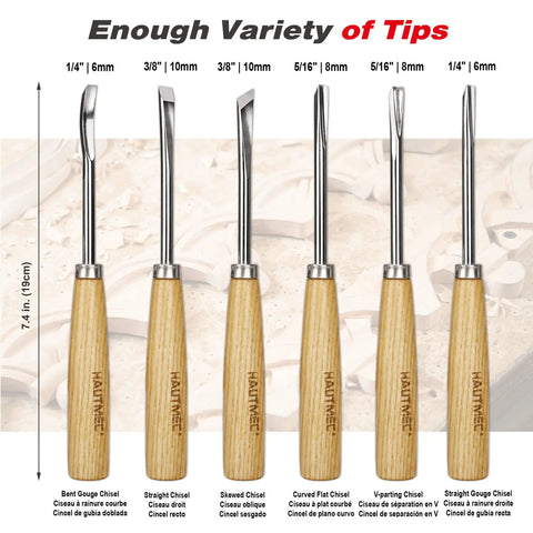 Six Piece Wood Carving Tools And Kickass CRV Steel Chisel Set With Rust Resistant Coating and Fishtail V Gouge Design For Fine Woodworking displayed, various chisel tips shown.