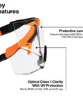 Professional Over The Glasses Safety Glasses With Clear Lens And Anti Fog Scratch Resistant Coating Ansi Z87 Plus Csa Z94 Certified features protective lens and UV protection.