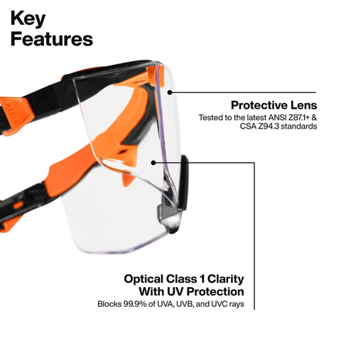 Professional Over The Glasses Safety Glasses With Clear Lens And Anti Fog Scratch Resistant Coating Ansi Z87 Plus Csa Z94 Certified features protective lens and UV protection.