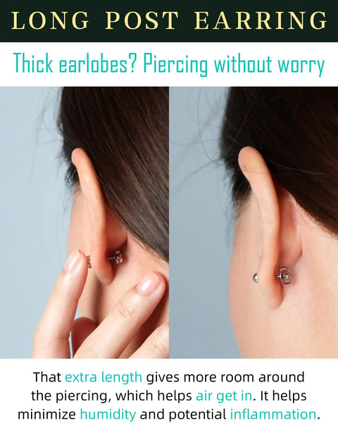 Extra Long Post Earrings Set, 5 Pairs 316L Stainless Steel Ball Studs For Women And Men, Hypoallergenic And Nickel Free, 2-6mm, Lead Free, Waterproof All Day Comfort For Sensitive Ears, Steel Color on earlobe close-up