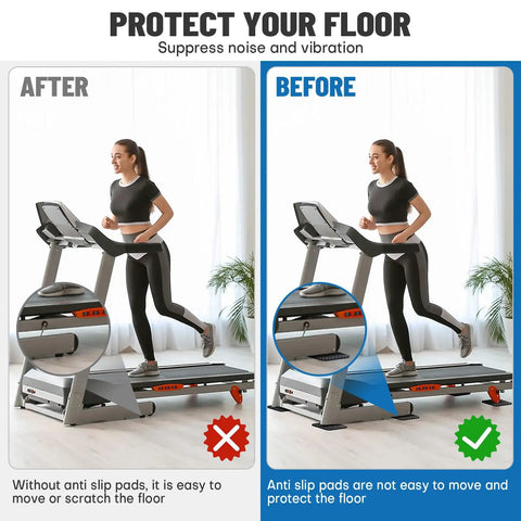 Before and after image of a woman using a treadmill with and without 4 Pack Double Sided Treadmill Floor Mat Pads Grippy Non Slip Anti Vibration Cushions.