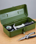 Green Metal Tool Box With Lock 15 Inch Heavy Duty Steel Chest showing interior with tape and hammer on wooden surface