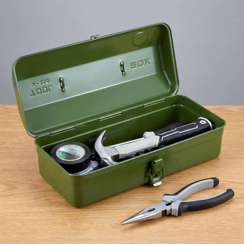 Green Metal Tool Box With Lock 15 Inch Heavy Duty Steel Chest showing interior with tape and hammer on wooden surface