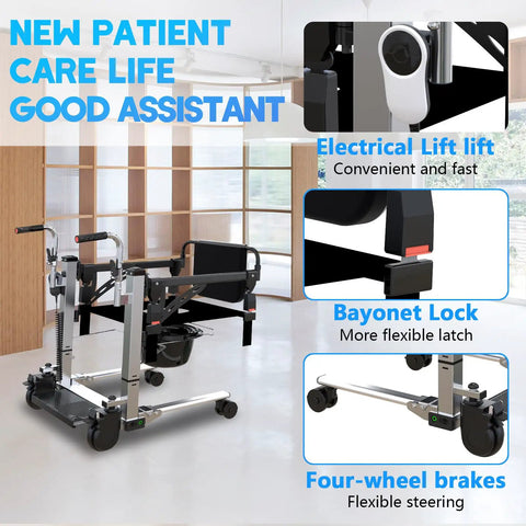 Rock Solid Workhorse Electric Patient Lift with Hardcore Stainless Steel Frame for Heavy Duty Senior Transfers from Bed to Wheelchair or Floor Using Dual Handles for Hassle Free Home Health Care Support with electrical lift and bayonet lock.