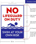 No Lifeguard On Duty Pool Sign, Blue 10x14 Inches, Rust Free.040 Aluminum, Fade Resistant, Built Tough Indoors And Outdoors, Made In USA, Weatherproof Easy Mount Commercial Grade Sign For Pools Great For Hotels Apartments Gyms, showing detailed measurements and features on product details graphic.