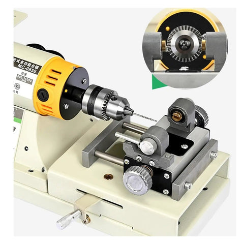 Premium 850W Mini Bench Grinder And Jade Polishing Table For Metal Wood Jewelry Craft Weekend Warriors Heavy Duty Workstation with drill chuck close-up.