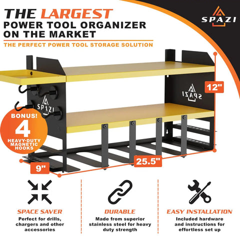 Wall Mount Power Tool Organizer Rack With Drill Holder And Tray Four Magnetic Hooks Two Shelves Pro Grade Heavy Duty Steel Cordless Tool Storage For Garage Black And Yellow, 25.5-inch wide, with installation guide.