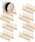 Eight Pack Bamboo Wooden Plate Rack Six Slots Kitchen Dish Drying Organizer For Pots Lids Cutting Boards Cups showing stacked design.
