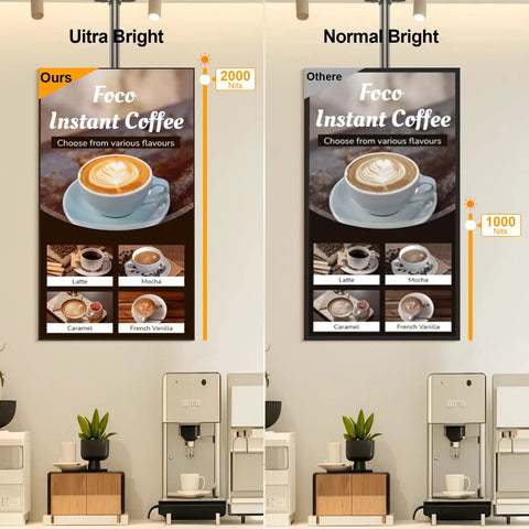 Foco Instant Coffee comparison displaying Smooth Operator Commercial Digital Signage Display With Killer 2000 Nits Brightness.