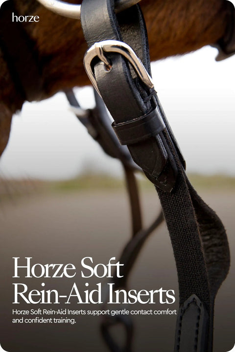 Close-up of black soft elastic rein aid inserts for horses rein extensions that improve contact and promote soft hands