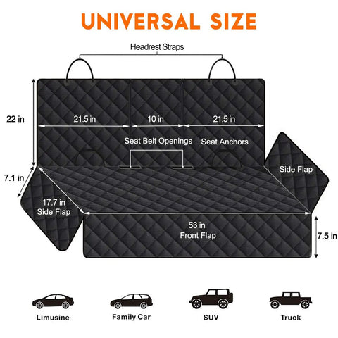 Diagram of Go To Dog Car Seat Cover For Backseat Waterproof Bench Protector, 53x47 inches, with dimensions and car types.