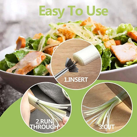 Plum Blossom onion cutter and scallion chopper; stainless steel ergonomic kitchen tool for onions, leeks, zucchini.