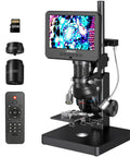 Five Lens 7 Inch HDMI Digital Microscope With Screen Ready To Roll 5000X Magnification For Coins Biology Soldering And Slides Mechanical X Y Stage 2160P Video LCD Display PC View 32GB Included, front view