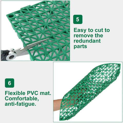 Interlocking Rubber Floor Tiles Eleven Point Six Inch Cushioned Mats With Drain Holes Non Slip Waterproof Splice Tiles For Pool Deck Patio Kitchen Bathroom 12 Pack Green Pet Friendly And Easy To Install showing cutting and flexibility features