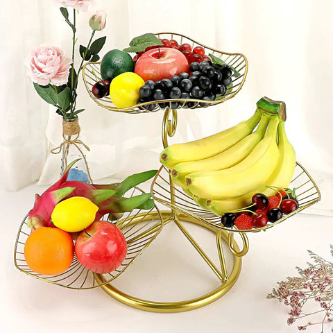 3 Tier Fruit Basket Stand With Ventilated Metal Wire Trays holding various fruits, modern iron fruit holder for countertop.