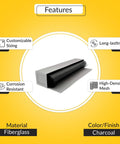 Heavy Duty Fiberglass Insect Screen Mesh Cloth Roll 36 Inch Wide 600 Foot Long Charcoal Tight Weave displayed on a yellow background.