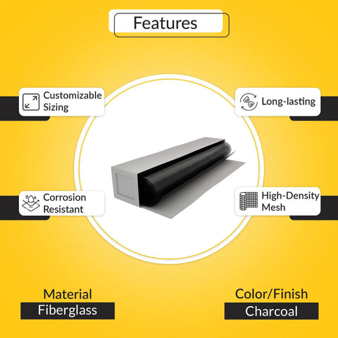 Heavy Duty Fiberglass Insect Screen Mesh Cloth Roll 36 Inch Wide 600 Foot Long Charcoal Tight Weave displayed on a yellow background.