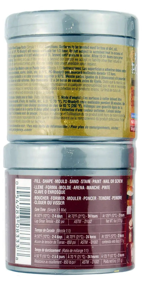 Back view of Wood Repair Epoxy Paste Kit With Mixing Tool Two Part 6 Oz In Two Cans Tan For Indoor Outdoor Wood Restoration label.