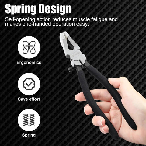 Heavy Duty Eight Inch Auto Glass Running Pliers Featuring Curved Jaws Adjustable Screw And Protective Rubber Tips in hand showing ergonomic design.