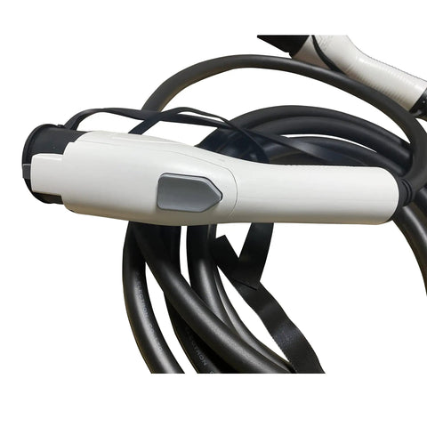 Close-up of Heavy Duty Type Two To Type One EV Charging Cable Sixteen Feet Long SAE J1772 Adapter handle with connection plug.