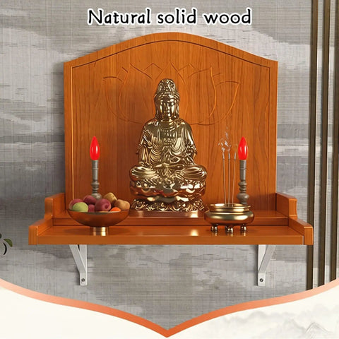 Wall Mounted Buddha Altar Shelf With Lotus Carving And Metal Brackets For Home Meditation And Prayer in solid wood