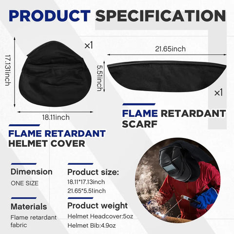 Welding Helmet Cover And Helmet Bib Set With Press Fit Neck Seal For Safety Flame Retardant Fabric Keeps Sparks Off And Protects Your Neck Durable Universal Fit For Most Helmets Classic Black dimensions and materials.