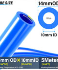 Close-up of blue 14mm OD 10mm ID PU air hose, 5m length, showcasing size and material, ideal for high-pressure air tools and compressors.