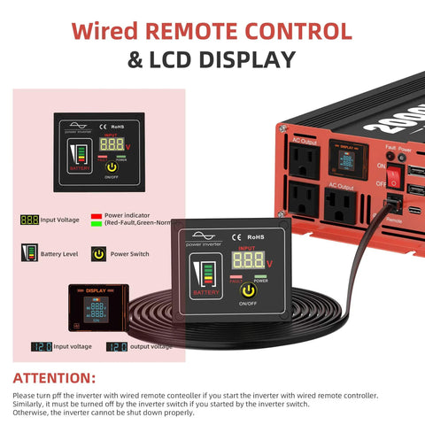 LCD display and remote control of 3000 Watt Pure Sine Wave Power Inverter From 12V DC To 120V AC with AC outlets and USB ports.