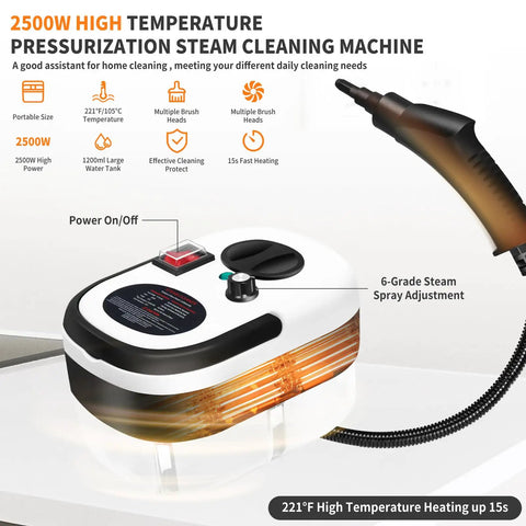 Supercharged Handheld Steam Cleaner With Beast Mode 2500 Watt Power and Snappy 15 Second Heat Up; portable design with controls.